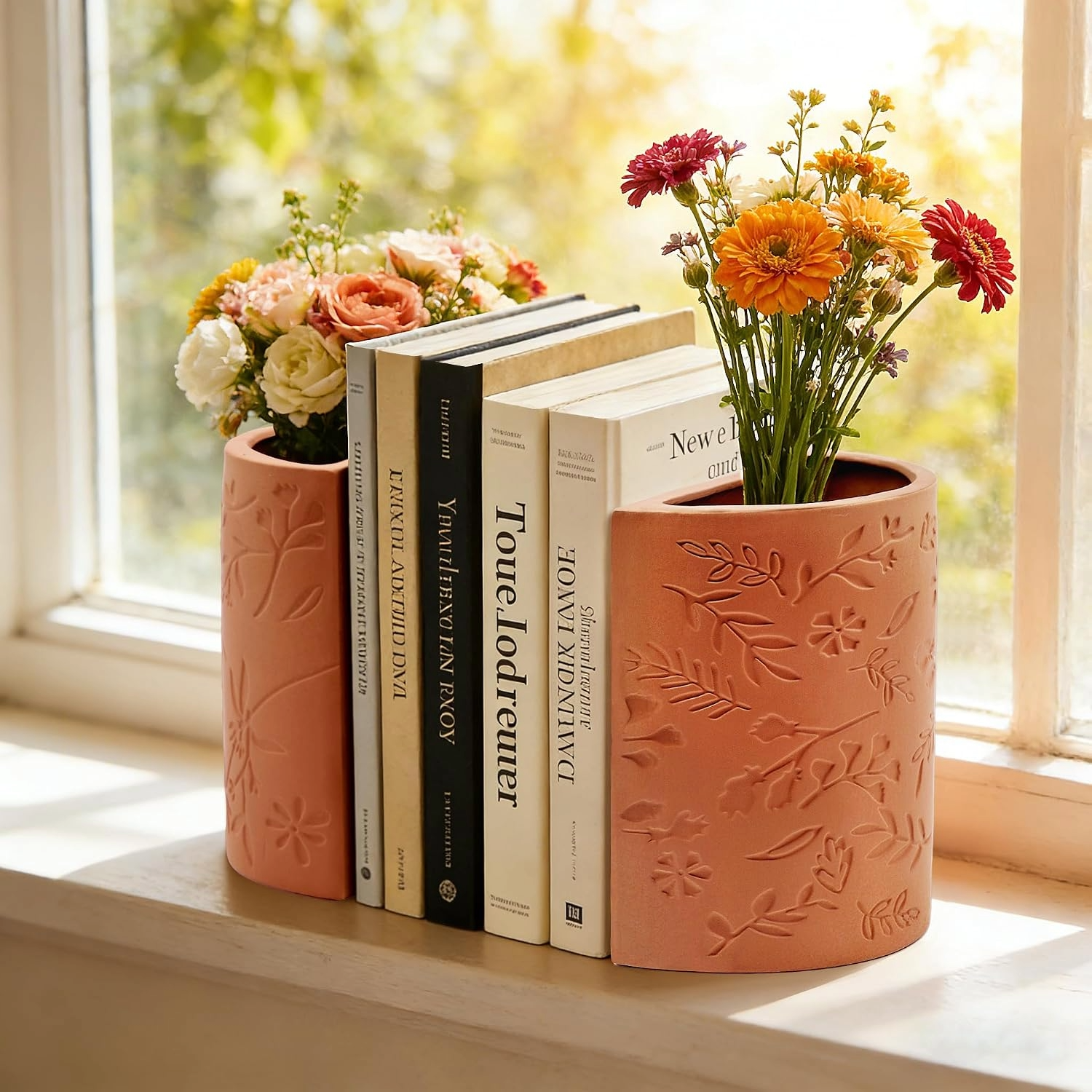Sunlit windowsill with terracotta flower pot bookends, colorful blooms, and upright vintage books, creating a warm, cozy springtime scene.