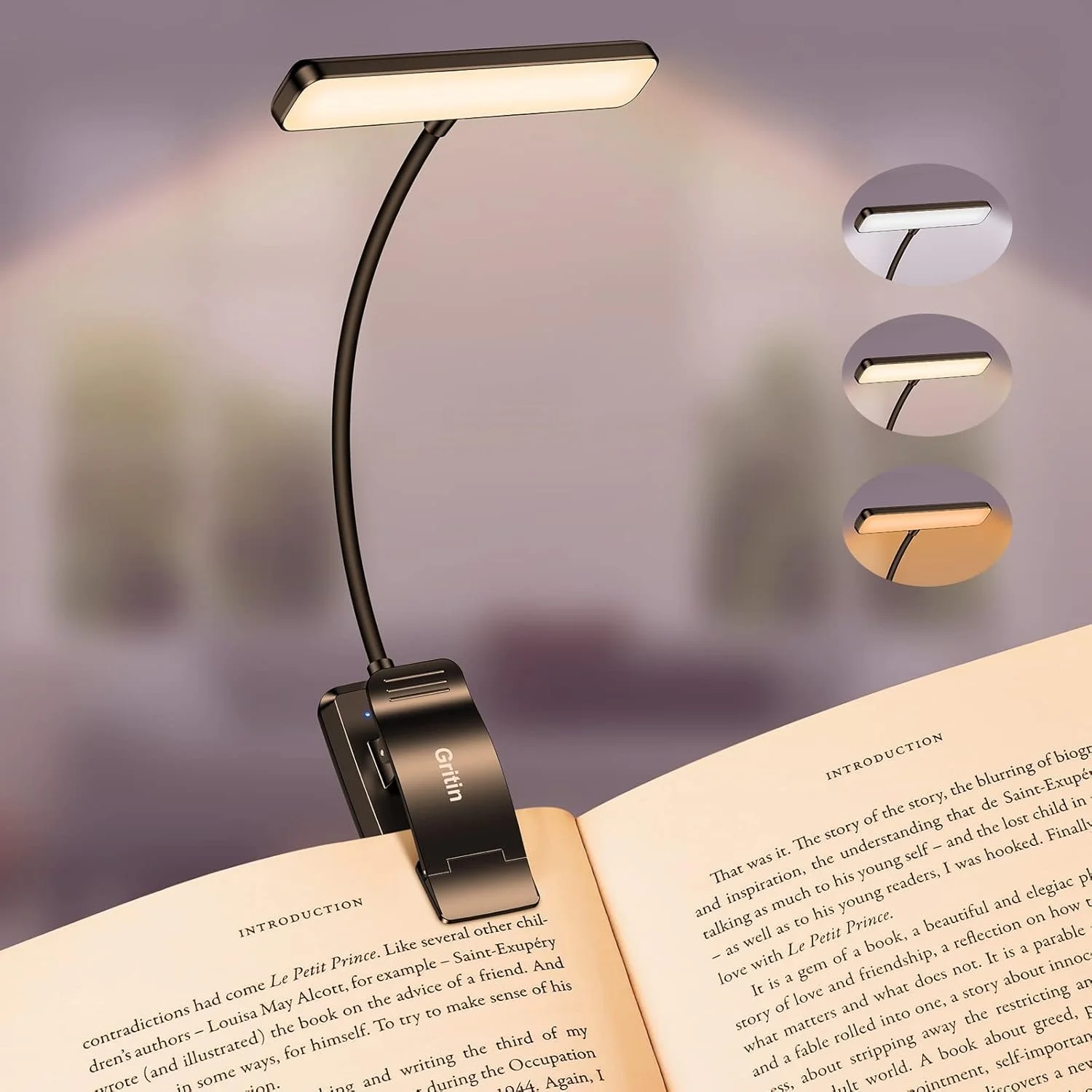 Modern black book lamp illuminates an open book, with three inset icons showing adjustable white, warm, and amber light settings.