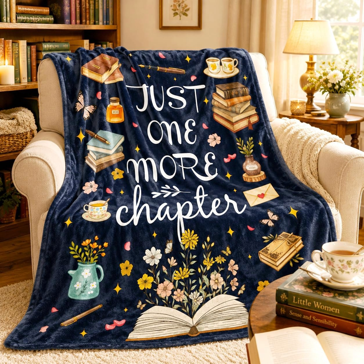 Cozy reading nook with a navy blanket reading “Just one more chapter,” books, flowers, tea, and warm lamp light creating a charming tone.