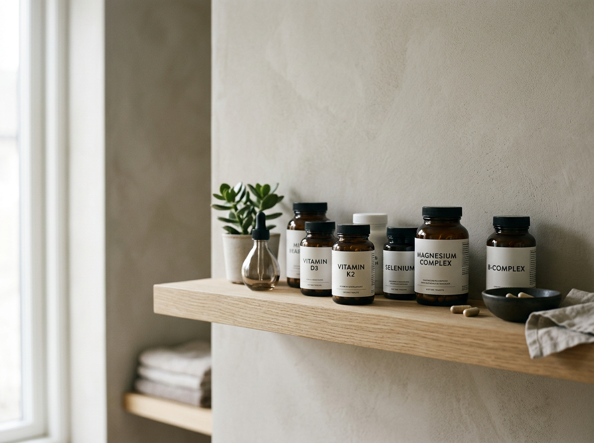 A wooden shelf on a beige wall with supplement bottles, a small plant in a white pot, a glass dropper bottle, and small bowls.
