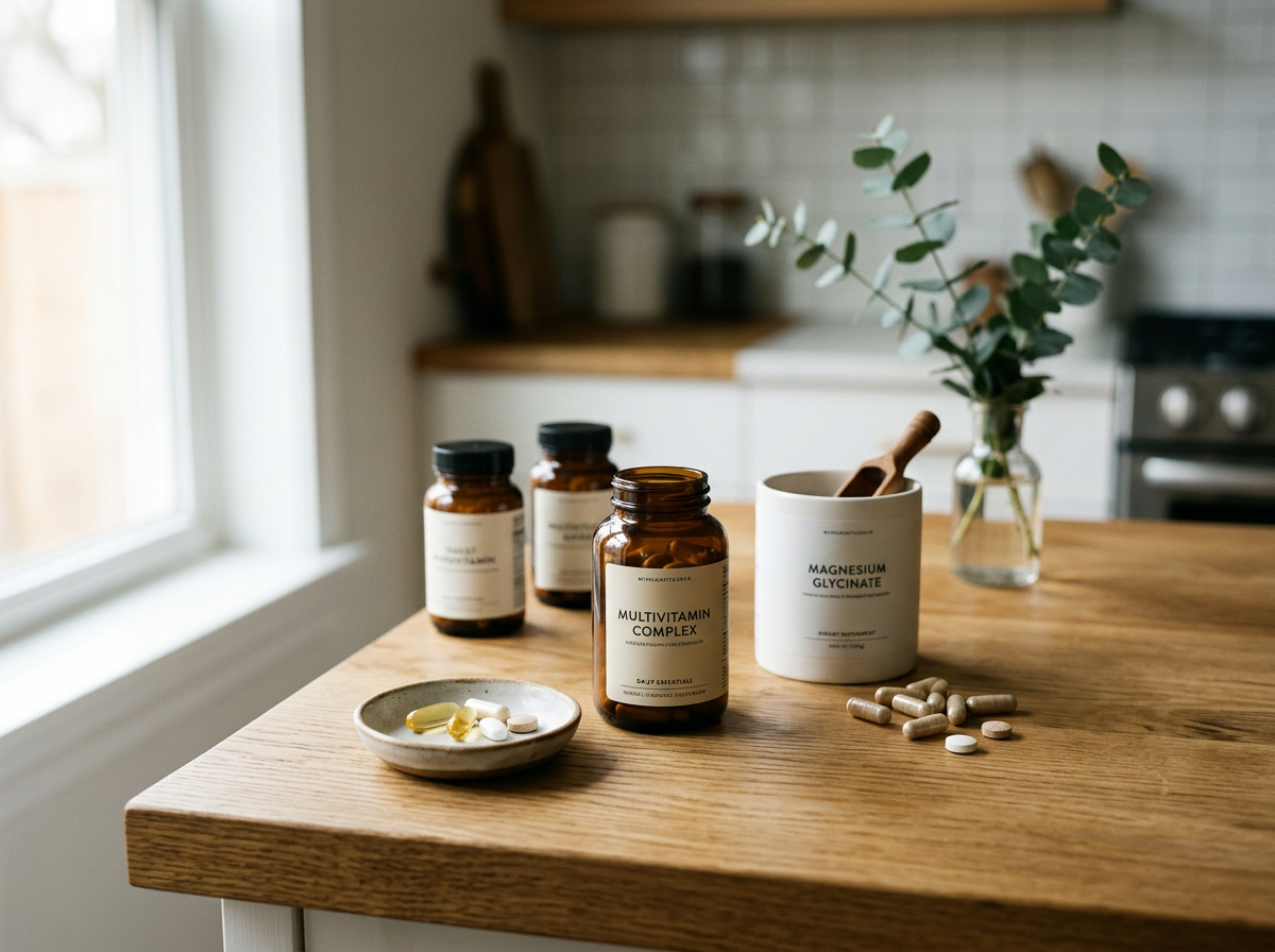 Supplements on a wooden kitchen table, including multivitamins and magnesium glycinate, with a small dish of pills and a jar of plant-based capsules, in a bright kitchen with a vase of eucalyptus.