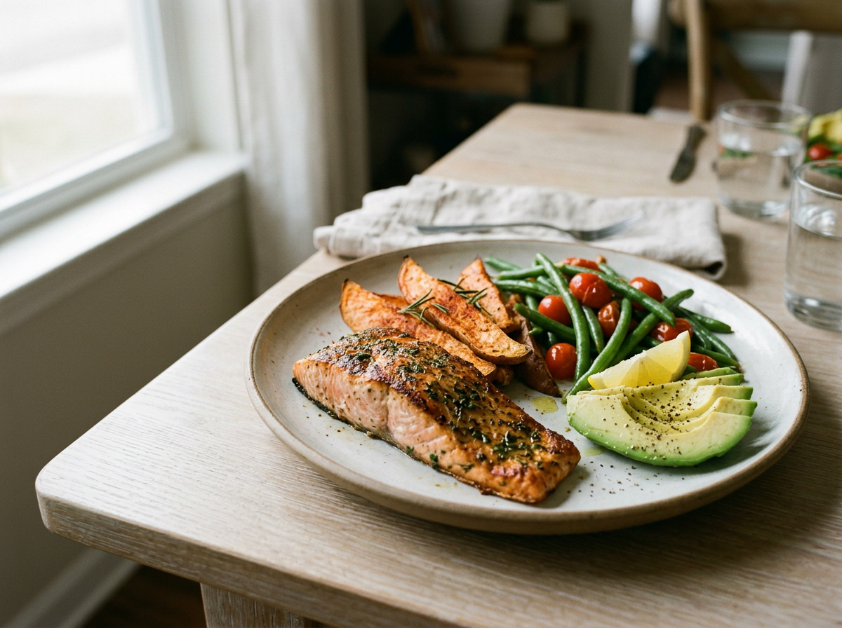 A plate of cooked salmon with herbs, sweet potato wedges, cherry tomatoes, green beans, and sliced avocado with black pepper on a wooden table near a window.