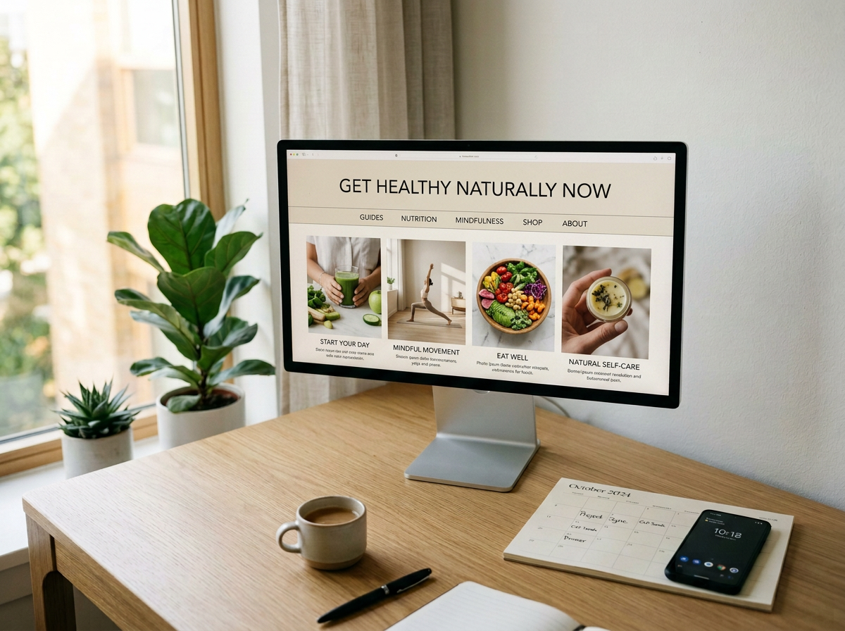 Computer monitor on a wooden desk displaying a health-focused website titled 'Get Healthy Naturally Now'. The site has sections for guides, nutrition, mindfulness, shop, and about, with images of a person holding a green smoothie, someone practicing yoga, a bowl of vegetables and fruits, and a hand holding a cup of tea. The desk also has a cup of coffee, a pen, a planner, and a smartphone with a black case, with two potted plants beside the desk near a window.