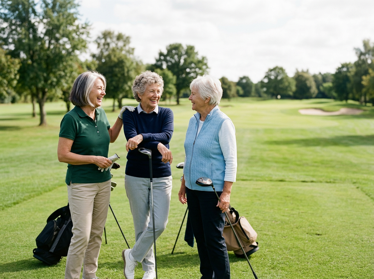 Three elderly women laughing and talking on a golf course, each holding a golf club, with golf bags nearby.