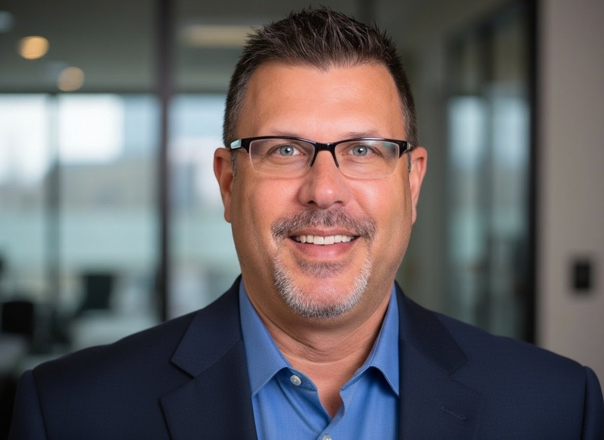 A smiling man with dark hair, glasses, and a goatee, dressed in a blue shirt and dark blazer, in a modern office setting.