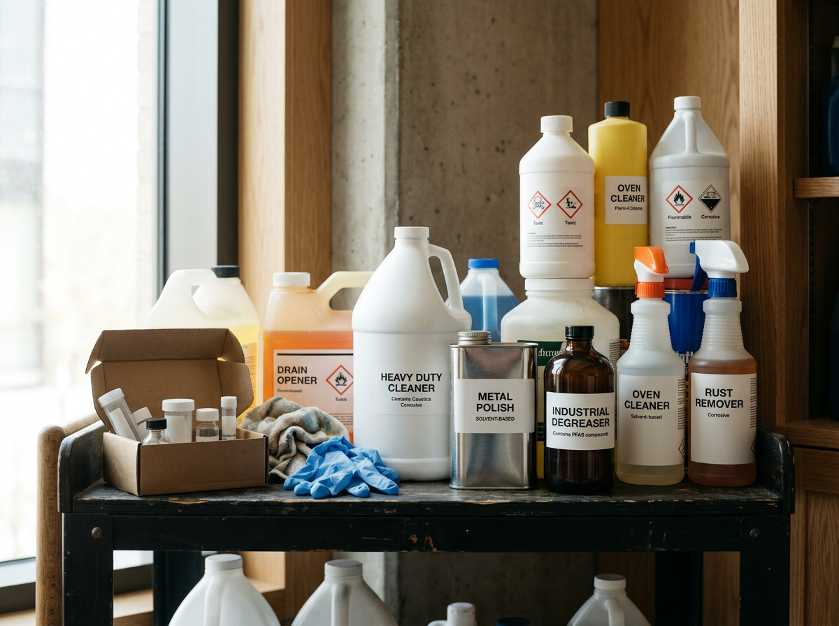 A table with cleaning supplies, including bottles labeled Heavy Duty Cleaner, Metal Polish, Industrial Degreaser, Rust Remover, and others, along with gloves, a small box of test tubes, and rags, situated near a window and wooden shelving.