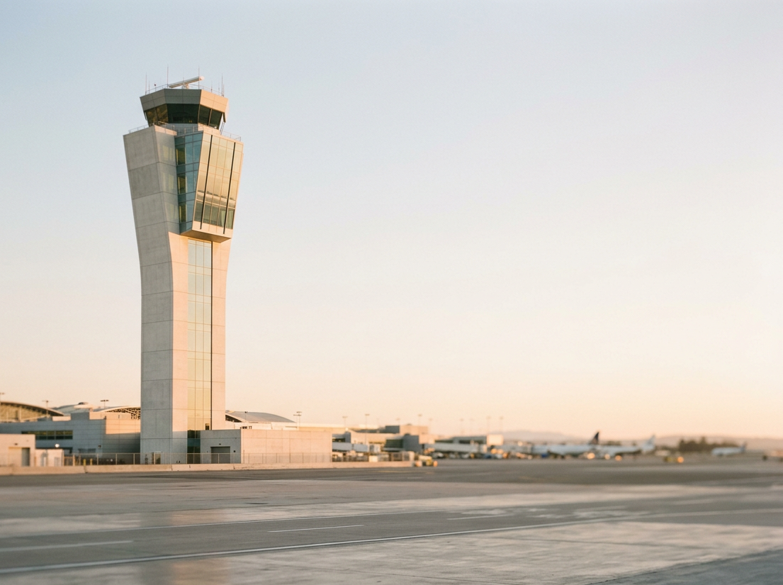 Airport air traffic control tower at sunset