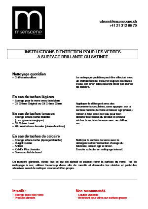Page d'instructions pour l'entretien des verres, incluant nettoyage quotidien, taches de calcaire, et précautions.