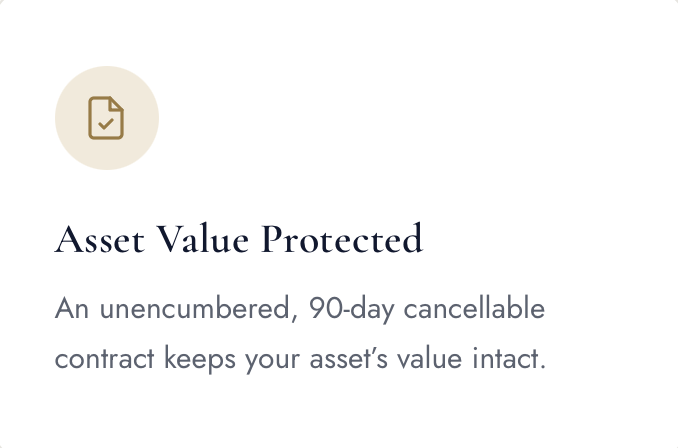 Document with a gold checkmark icon and text about asset value protection, mentioning a 90-day cancellable contract.