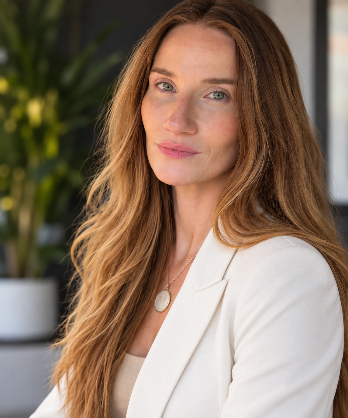 Professional woman with long red hair, wearing a white blazer and necklace, looking at the camera in an office setting with a blurred plant in the background.