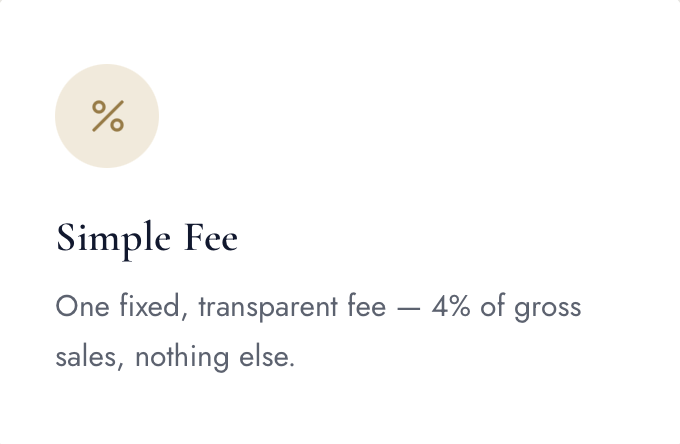 A section of a website explaining a simple fee of 4% of gross sales with minimal details.