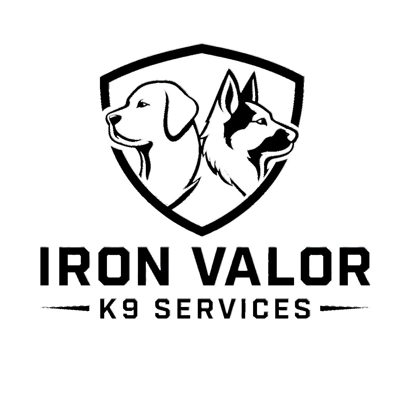 Black and white logo for Iron Valor K9 Services featuring a shield with a dog and a husky silhouette, and text below reading 'IRON VALOR K9 SERVICES.'