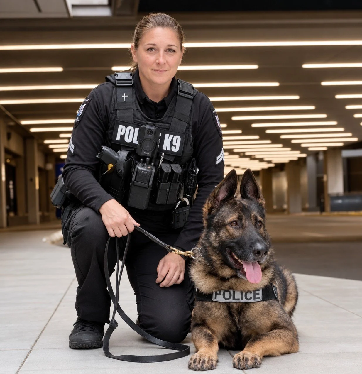 A female police officer kneeling next to a German Shepherd police dog in an indoor parking garage with illuminated ceiling lights.