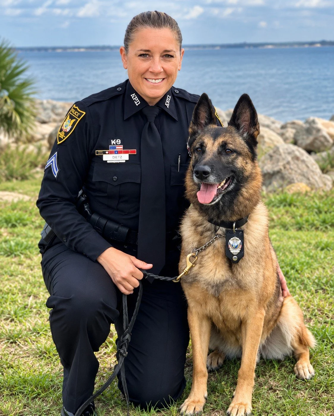 A smiling female police officer in uniform kneels next to a large German Shepherd police dog beside a body of water with rocks and green grass in the background.