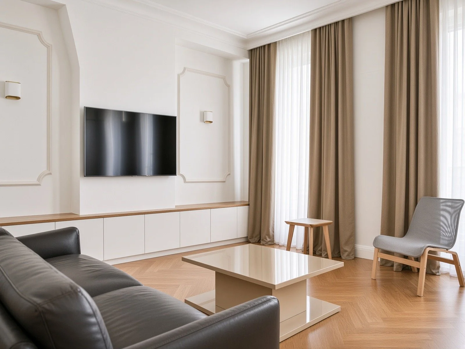Living room with a wall-mounted TV, beige curtains, a gray chair, a wooden stool, a white table, and a black leather sofa.