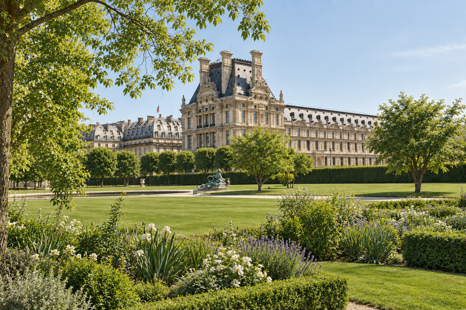View of a historic building with detailed architecture, surrounded by lush green trees, landscaped garden with flowering plants, and a statue in the foreground, under a clear blue sky.