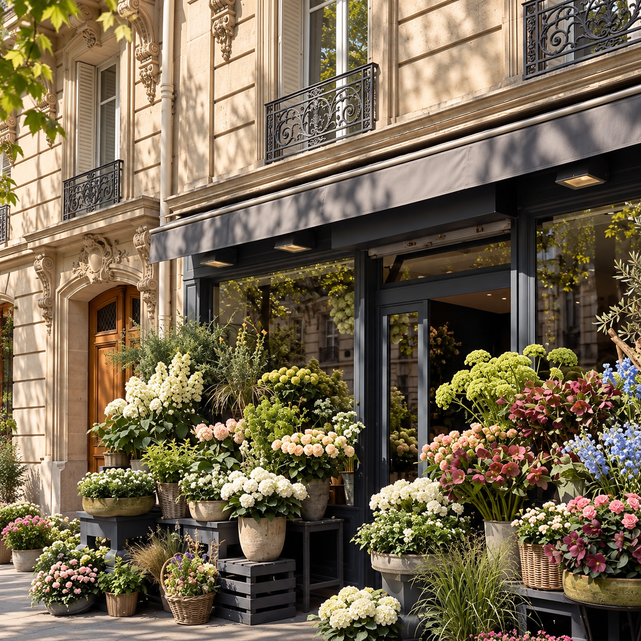 Flower shop with various colorful potted flowers outside on a city street, with a building featuring ornate architectural details and iron balconies in the background.
