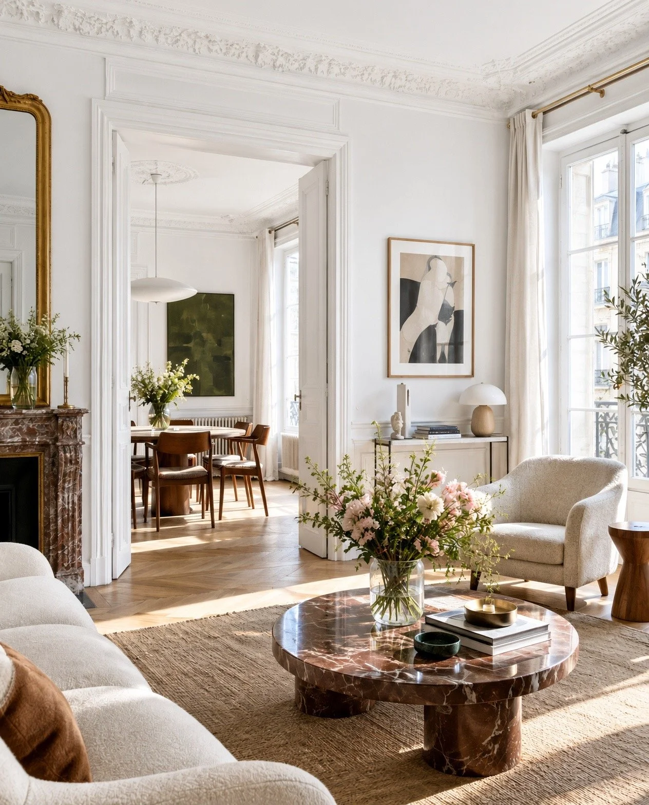 Bright living room with large windows, artwork, a beige armchair, a marble coffee table with a vase of flowers, and a view into a dining area with a round table and wooden chairs.
