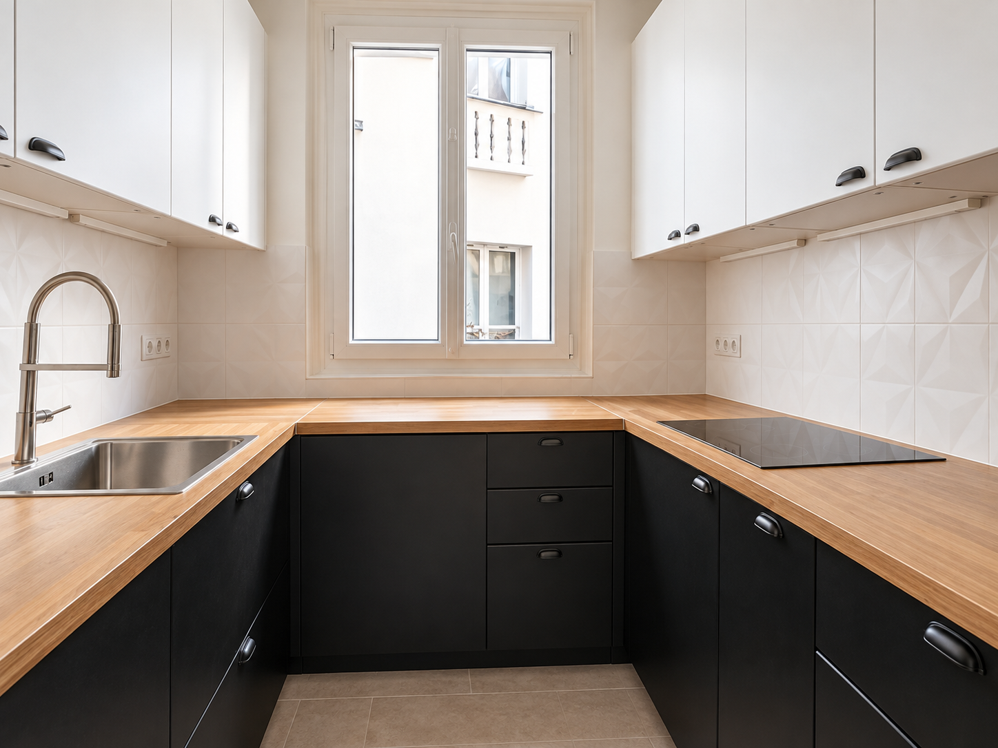 Modern kitchen with black lower cabinets, white upper cabinets, wooden countertops, a window above, a stainless steel sink, and a black electric cooktop.