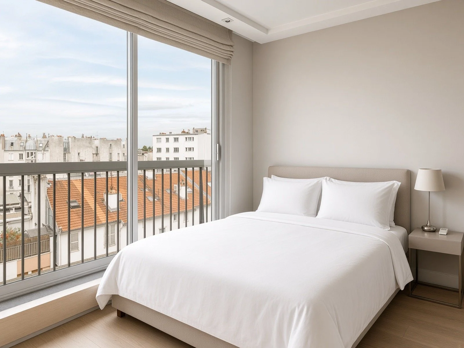 A bright, modern bedroom with a large bed, white bedding, and a nightstand with a lamp and phone, situated next to a balcony with glass doors showing buildings and rooftops outside.
