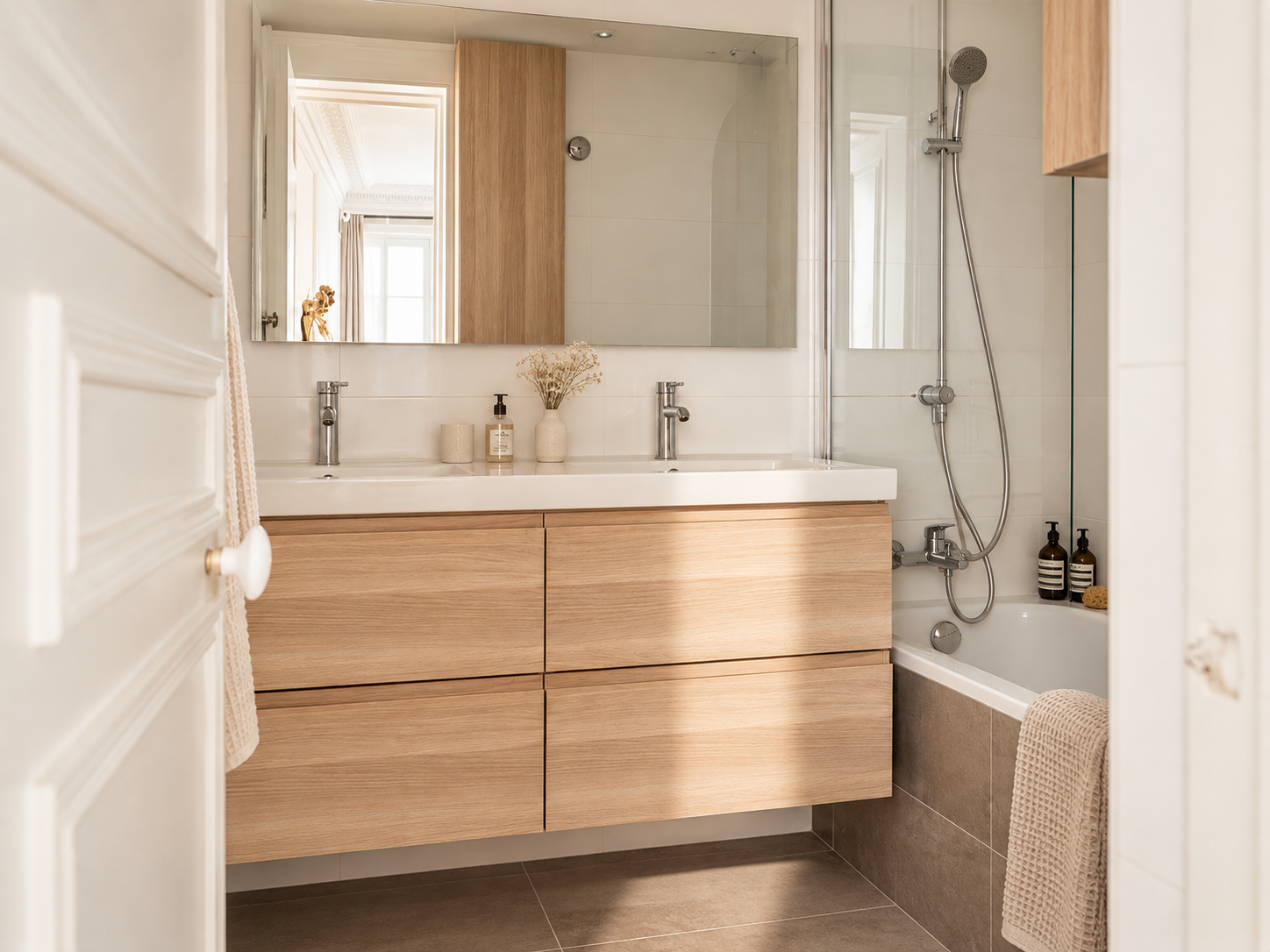 A modern bathroom with a wooden vanity, double sinks, a large mirror, and a bathtub with a showerhead. Decor includes a vase with dried flowers, soap dispensers, and a towel hanging on a bar.