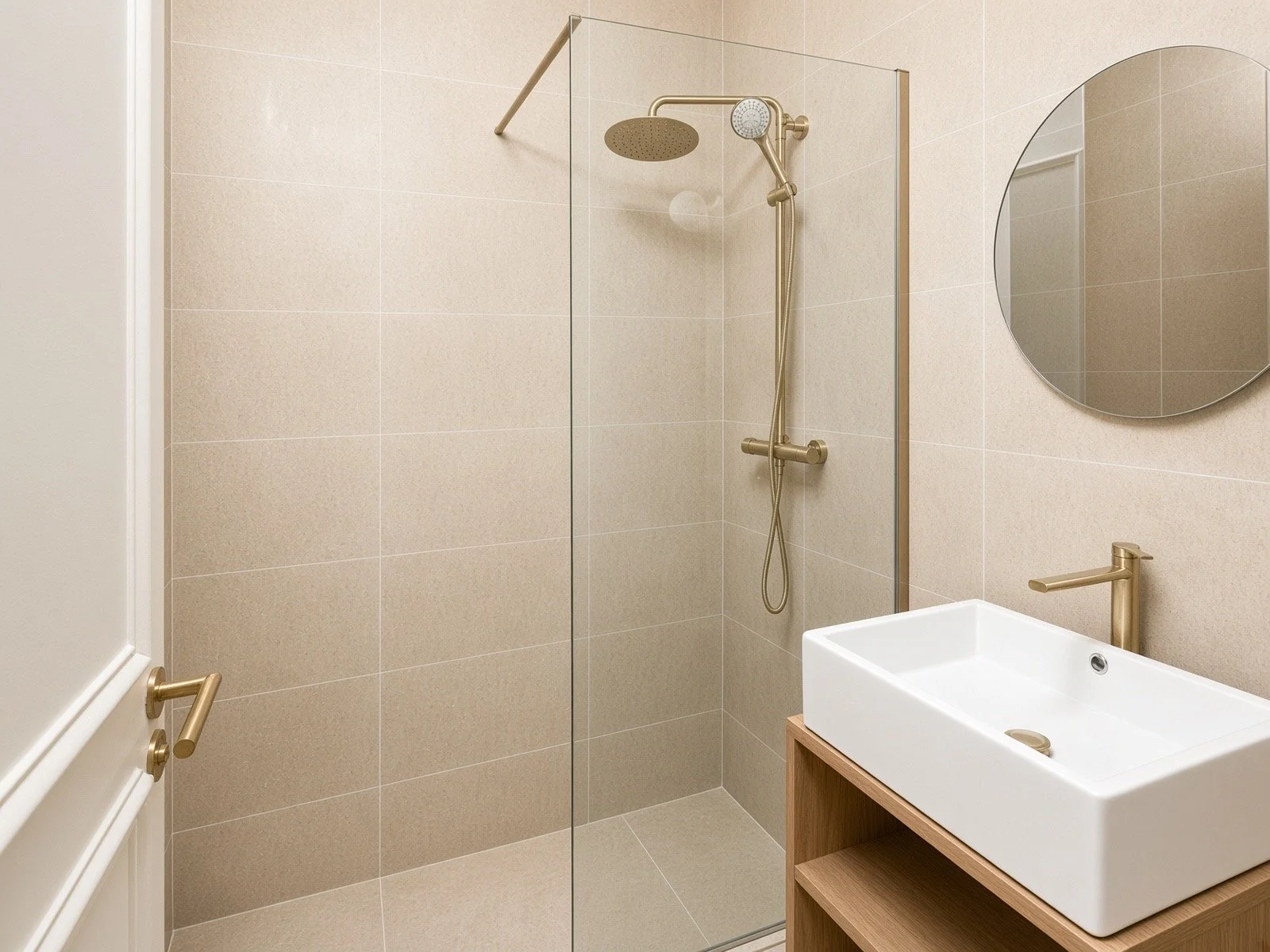 Modern bathroom with a walk-in shower, gold fixtures, a circular mirror, and a white rectangular sink on a wooden vanity.