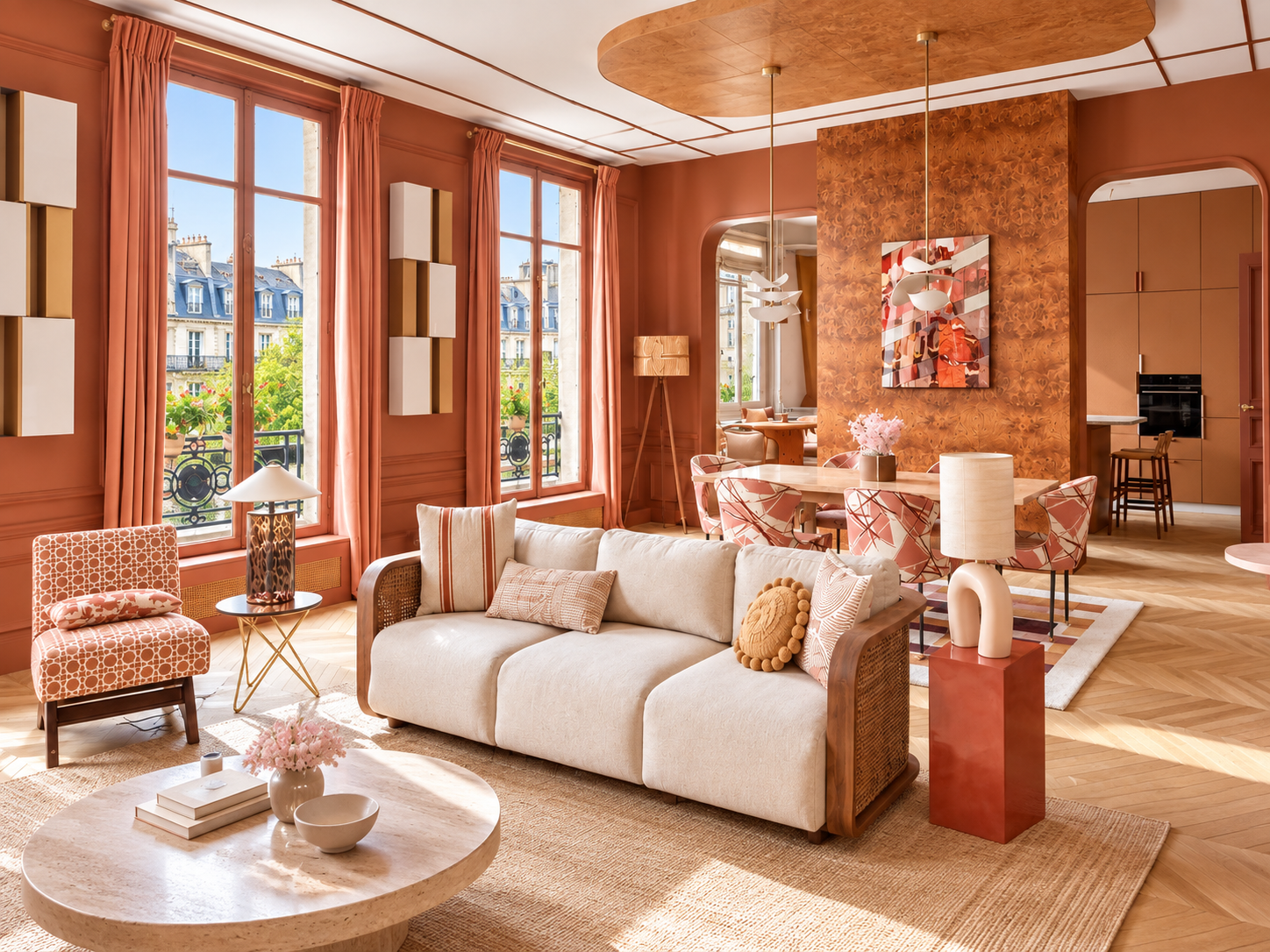 Bright living room with pink walls, large windows with pink curtains, and mid-century modern furniture. Features a white couch, pink patterned armchair, and decorative pillows. A round coffee table with pink flowers and books, and a side table with a lamp. In the background, a dining area with a round table, pink patterned chairs, and modern hanging light fixtures. View of Parisian buildings outside.