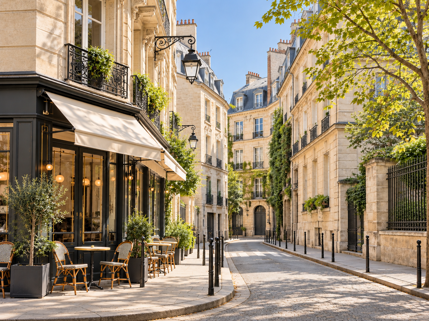 Empty Parisian street with outdoor café tables and chairs on the left, old stone buildings with balconies and greenery on both sides, blue sky.