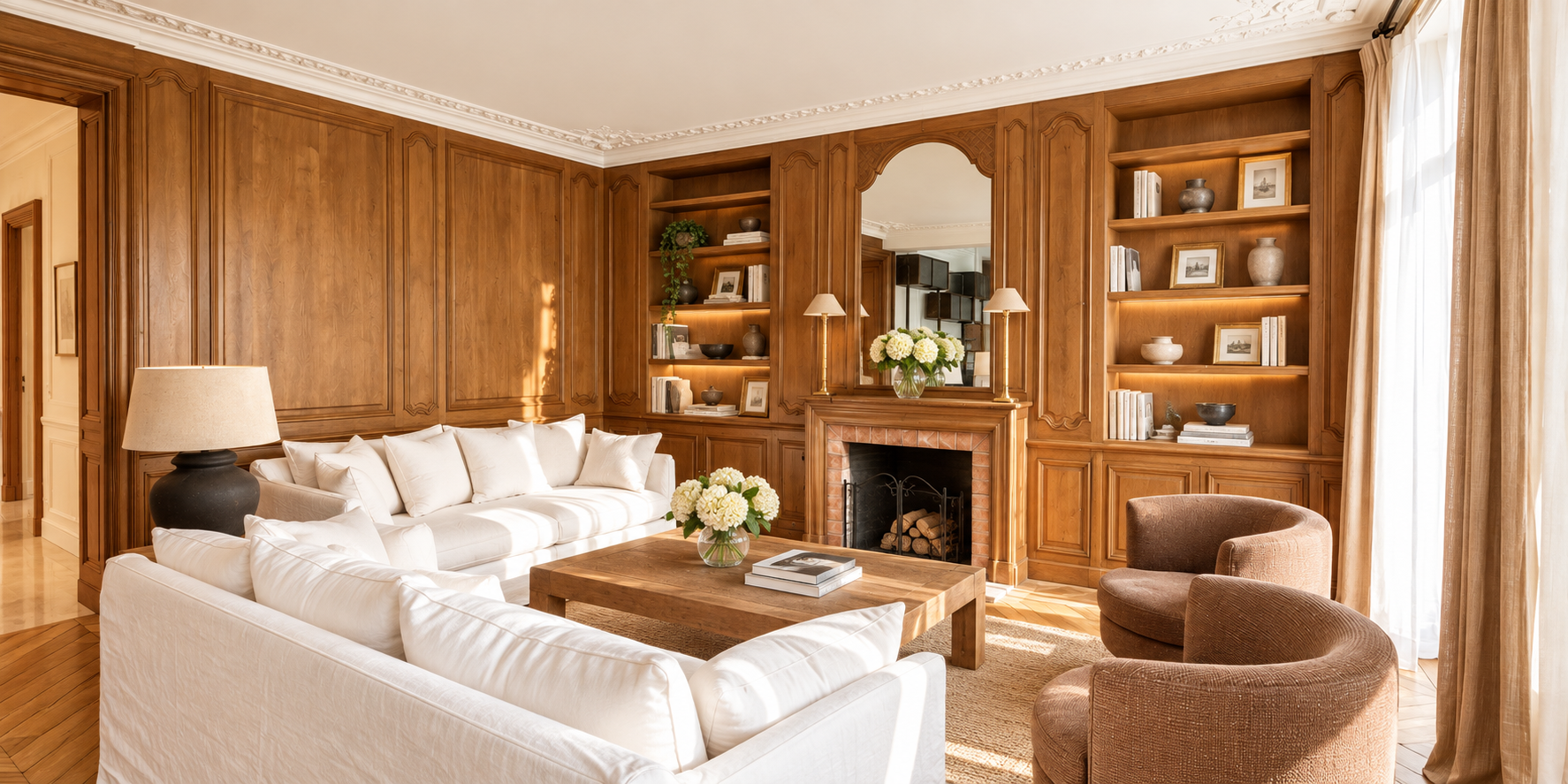 Living room with wood panel walls, white sofas, brown armchairs, a fireplace, and built-in shelves with decor and books.