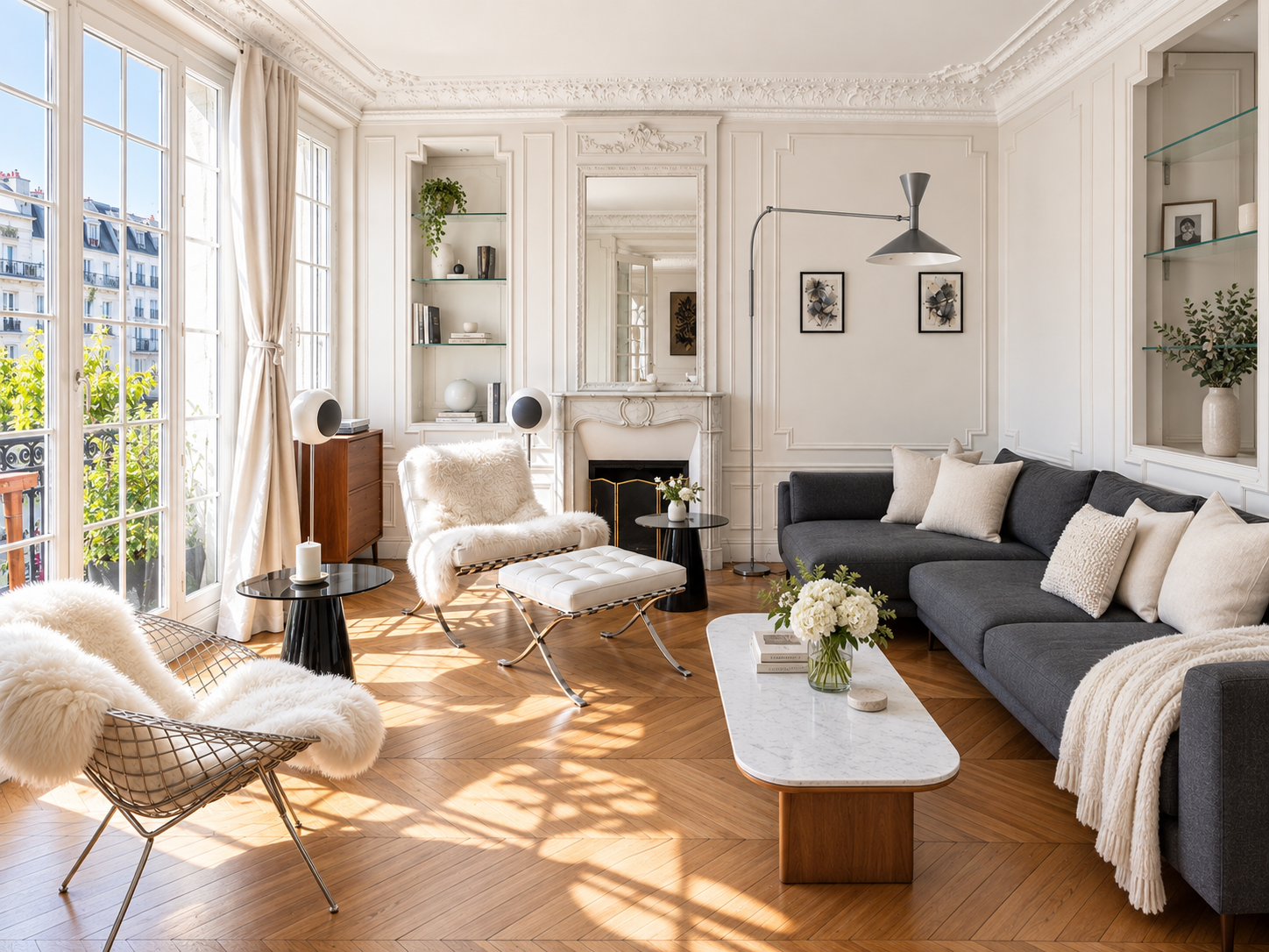 Bright living room with large windows, white walls, hardwood floors, gray sofa with pillows, white armchair with fur throw, black side tables with flowers, fireplace, built-in shelves with decor, and framed artwork