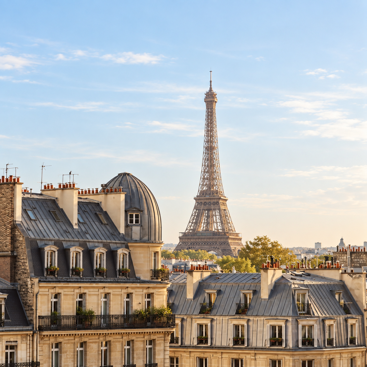 Paris cityscape with historic buildings and the Eiffel Tower in the background on a clear day.