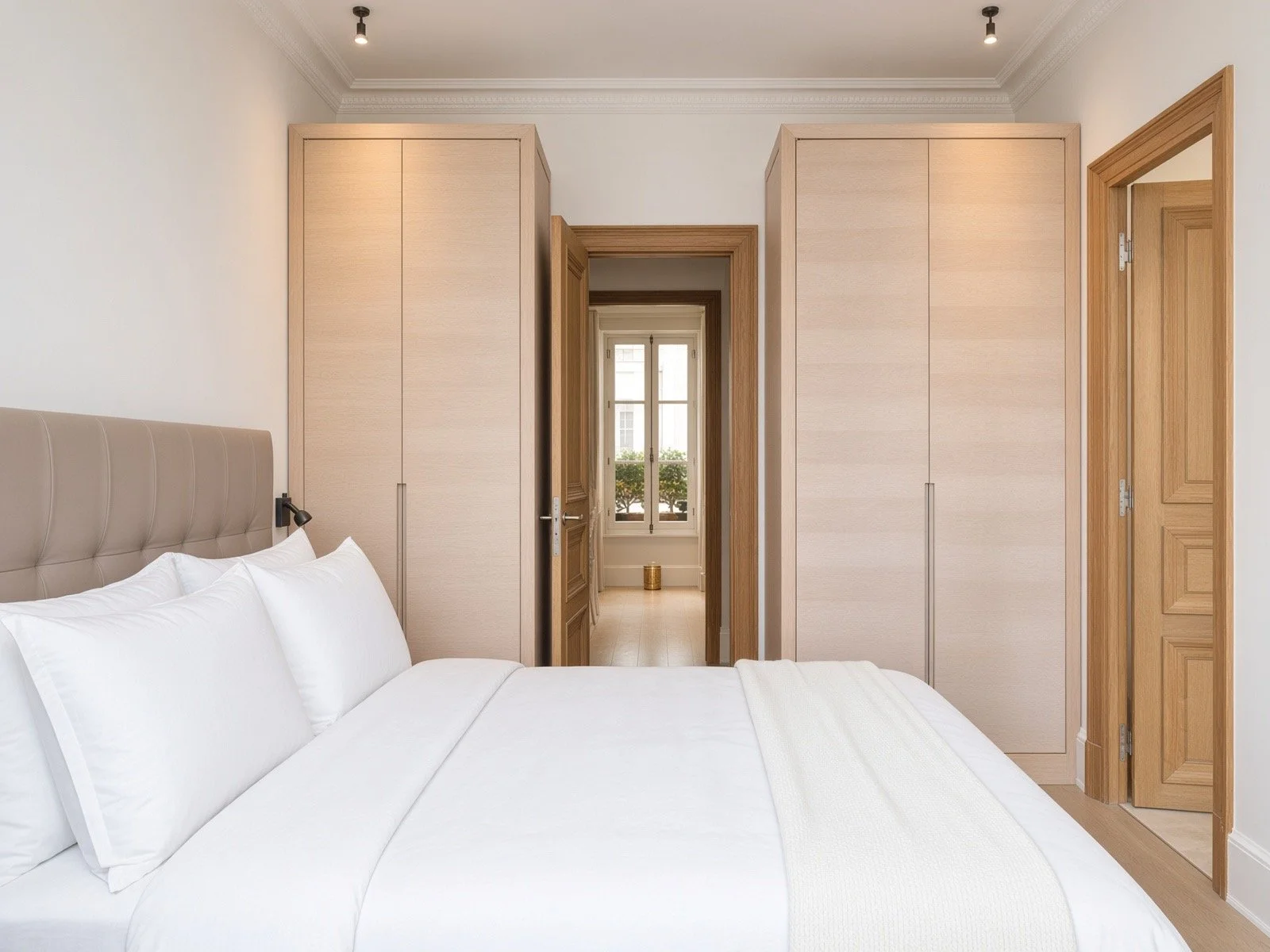 A bedroom with a white bedsheet, pillows, and beige headboard, two built-in wardrobes on either side of a door that leads to a room with a window and a small gold vase on the floor.
