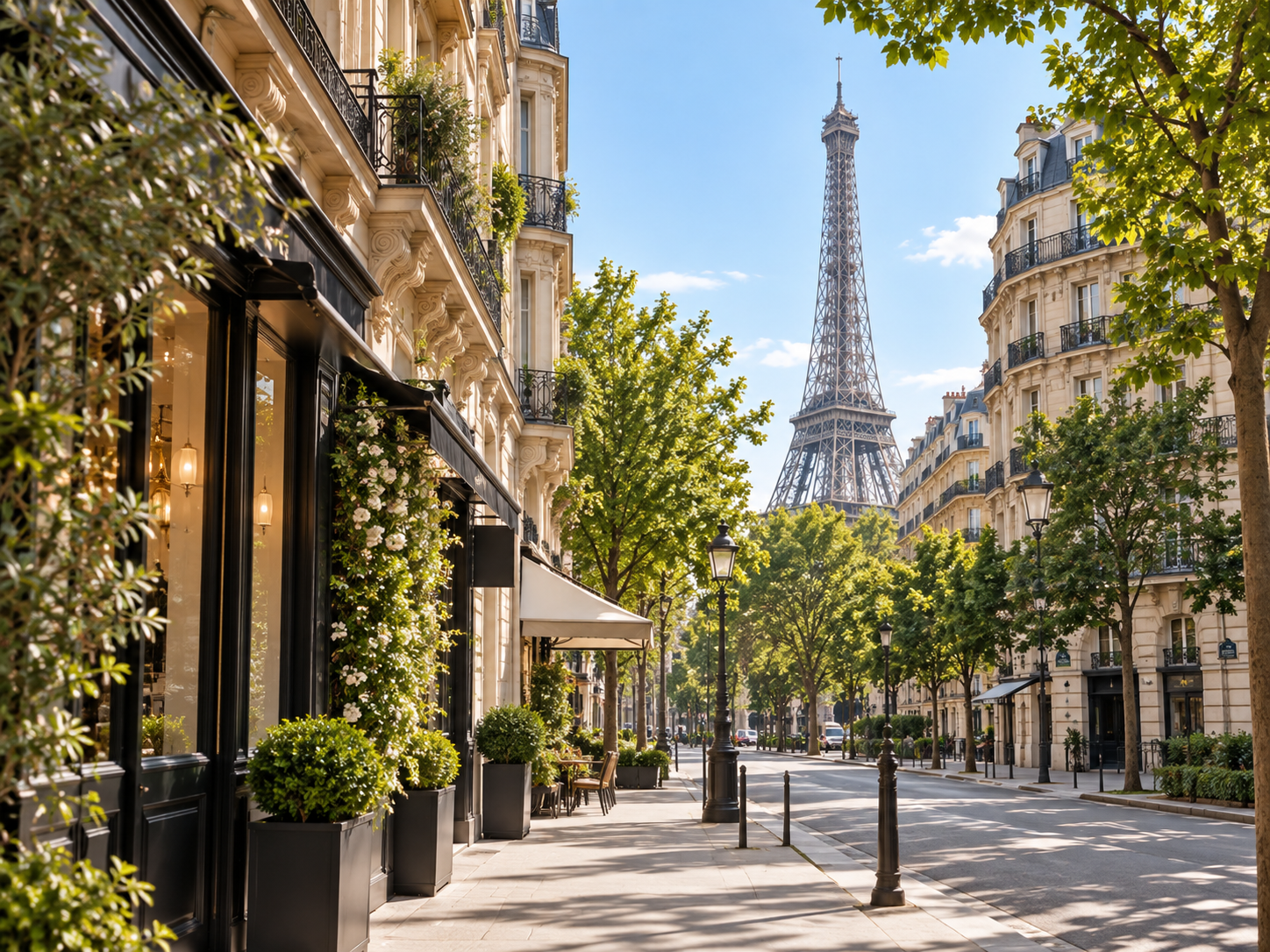 Paris street with buildings, trees, and the Eiffel Tower in the background on a sunny day.