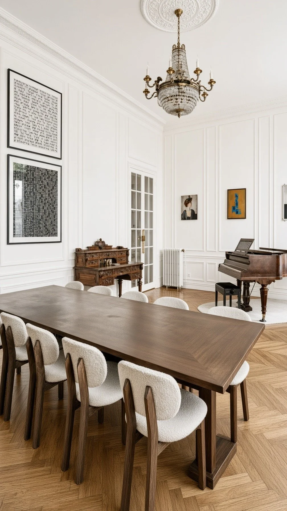 A large wooden dining table with eight beige upholstered chairs in a room with white walls, decorative molding, and framed artwork. There is a vintage wooden desk, a radiator, and a grand piano with a bench. The ceiling features an ornate chandelier.