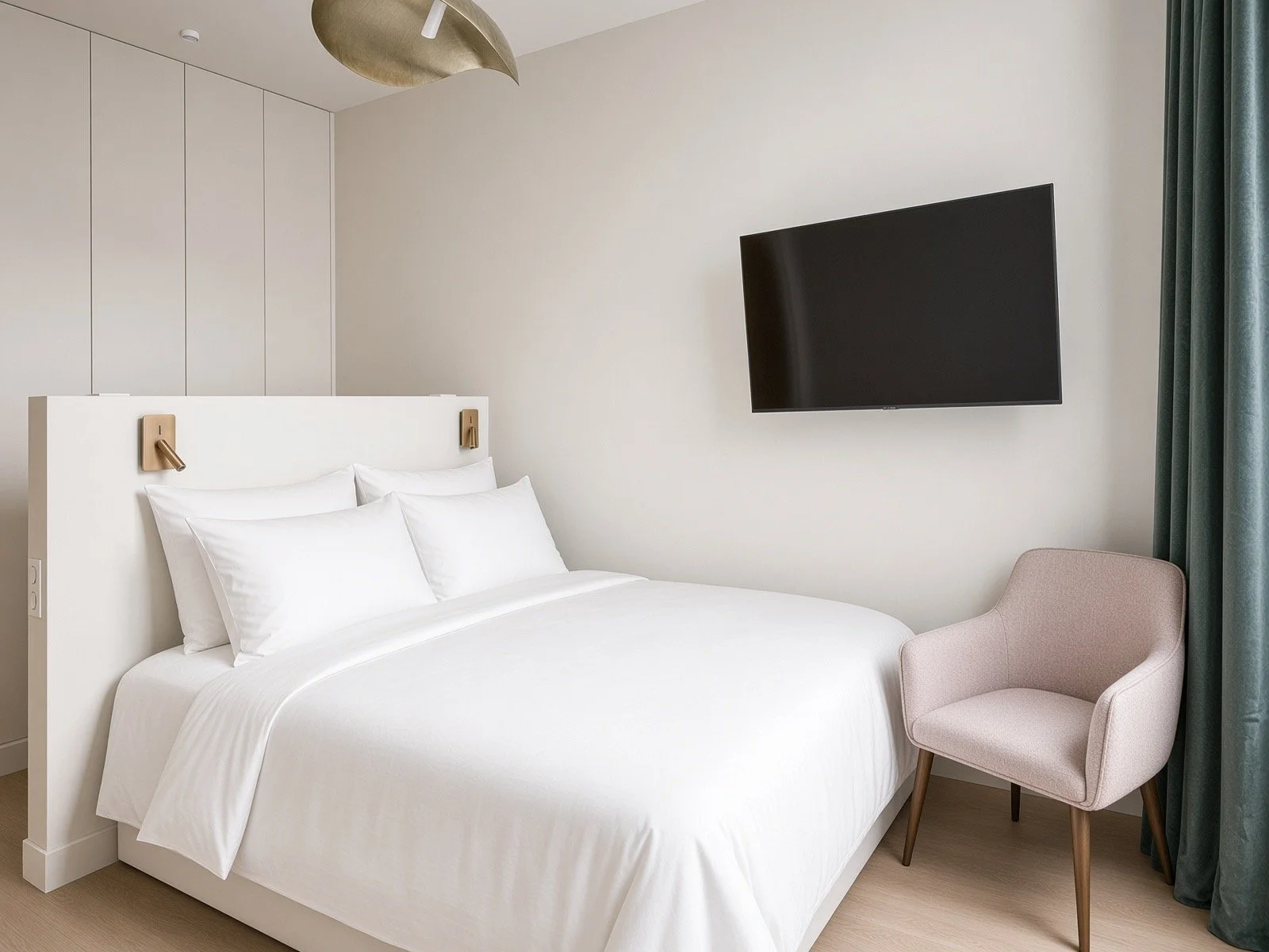 A modern hotel room with a white bed, beige chair, large wall-mounted TV, and green curtains.