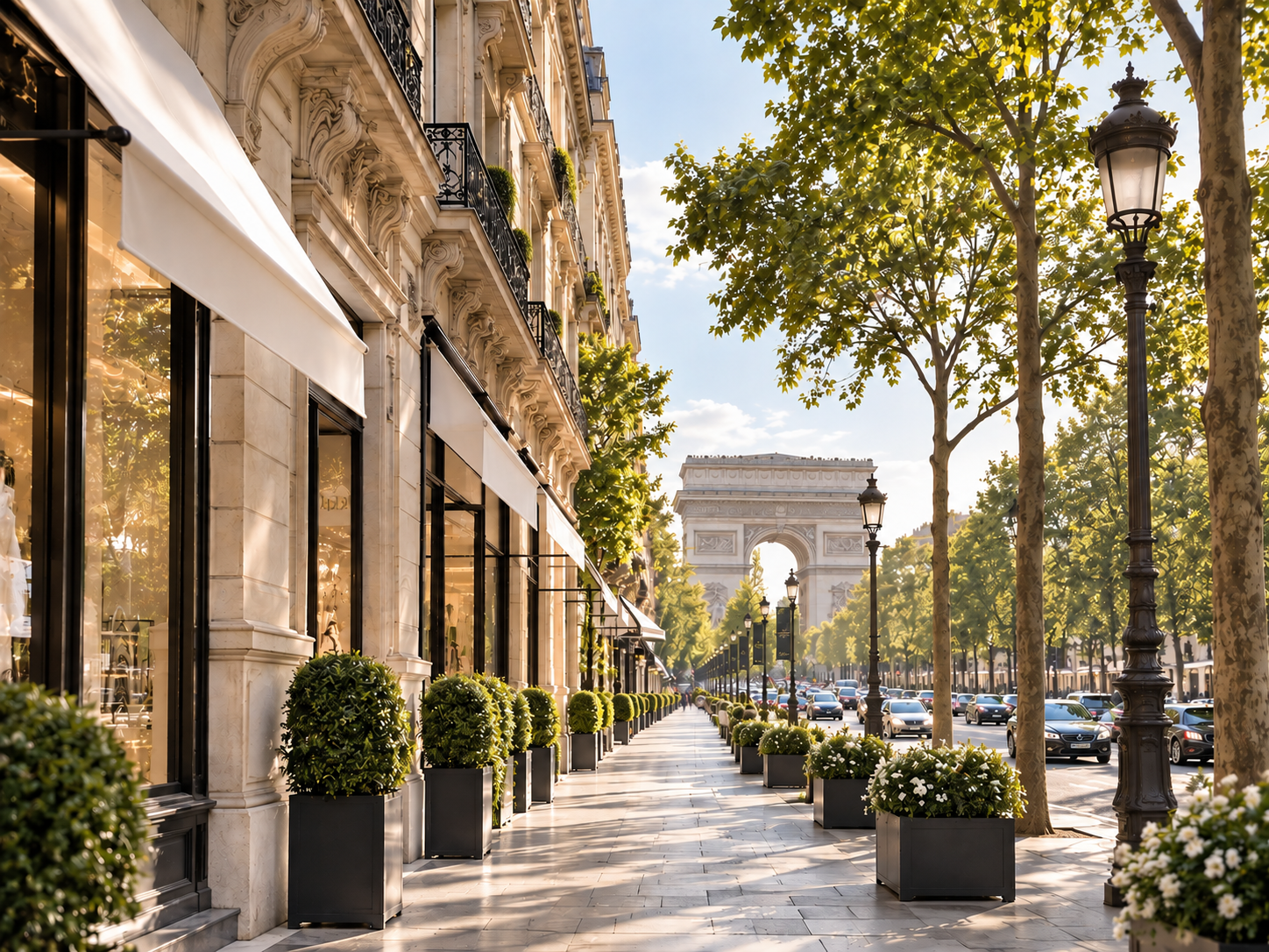 Elegant Parisian sidewalk with row of shops, potted plants, trees, lamp posts, and the Arc de Triomphe in the background on a sunny day.