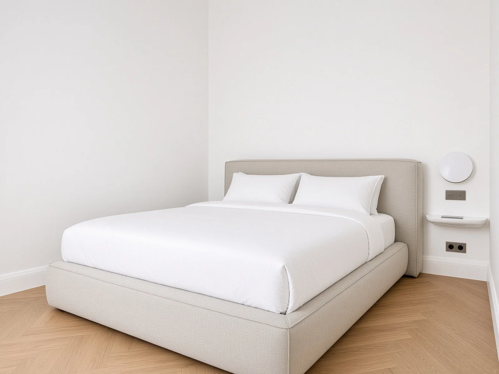 A neatly made bed with white bedding and pillows in a minimalist bedroom with beige headboard and wooden floor.