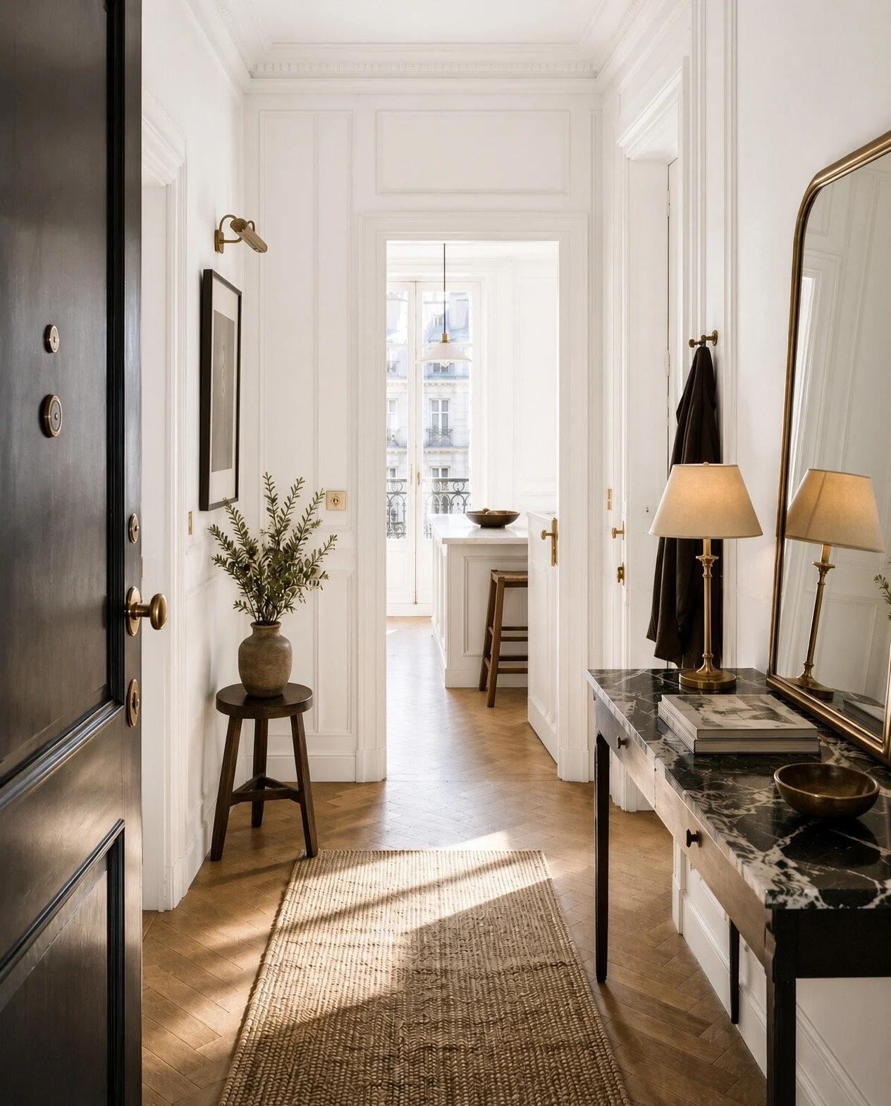 View of a bright apartment hallway leading to a balcony with French doors, featuring a black console table with a brass lamp, a large mirror, and decorative items, with a small plant on a stool and wall art.
