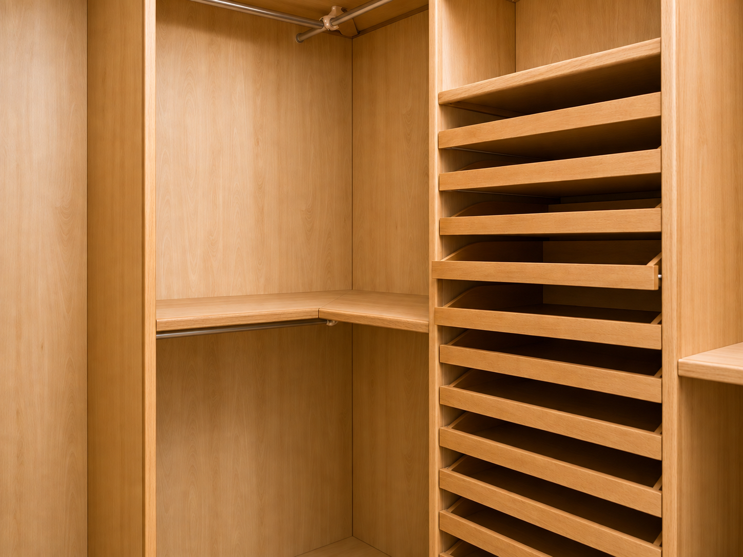 Empty wooden closet with shelves and hanging rod.