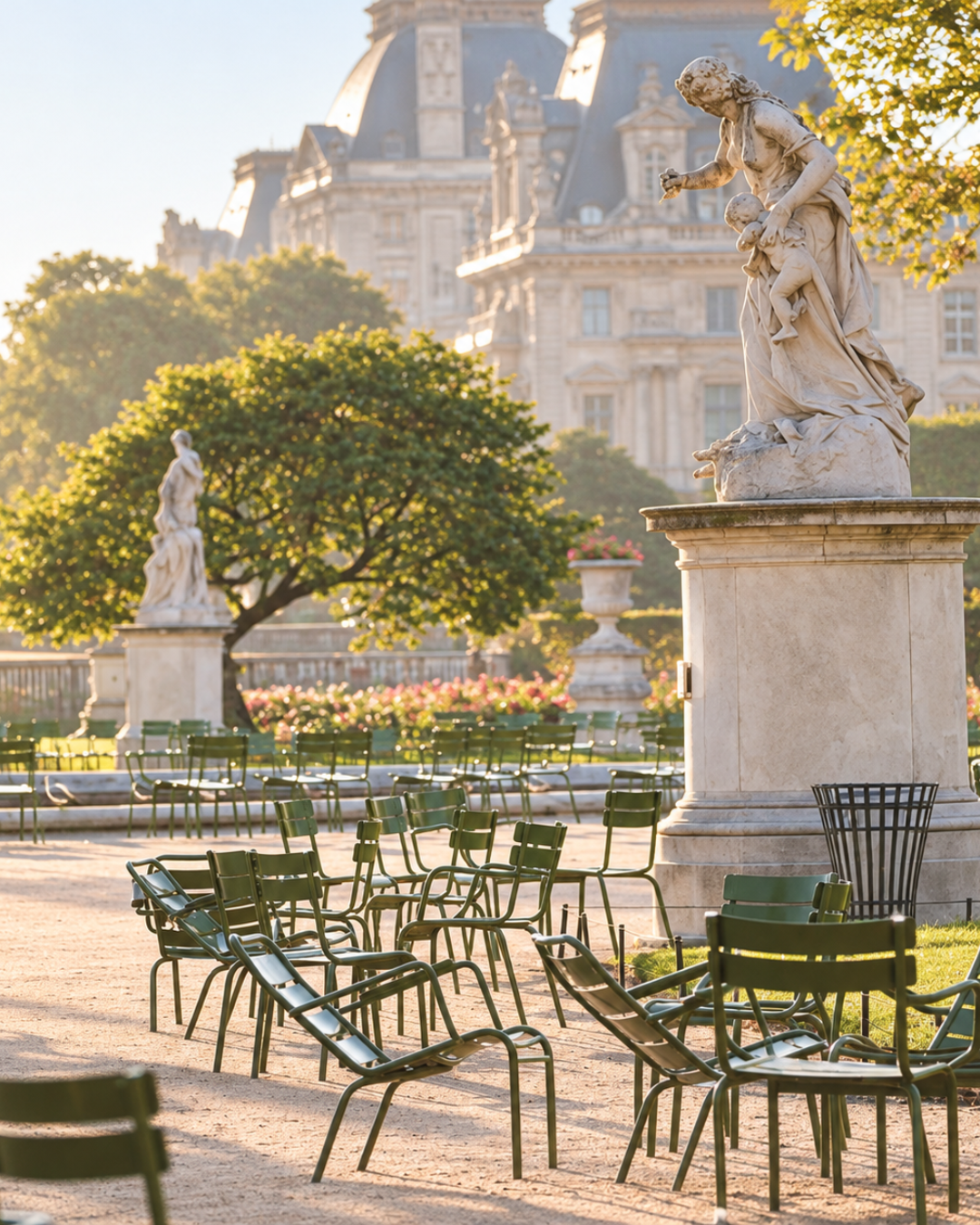 Empty outdoor seating area with green chairs in front of classical statues and a historic building in the background, illuminated by warm sunlight.