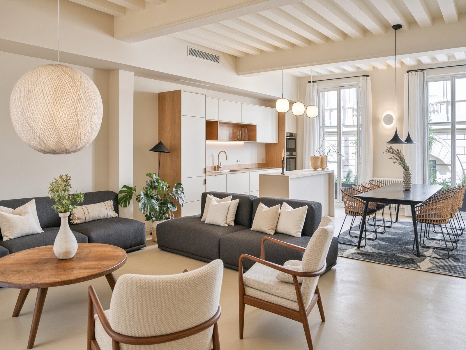 Spacious open-concept living room and kitchen area in a modern apartment with neutral tones, natural light, and contemporary furniture.