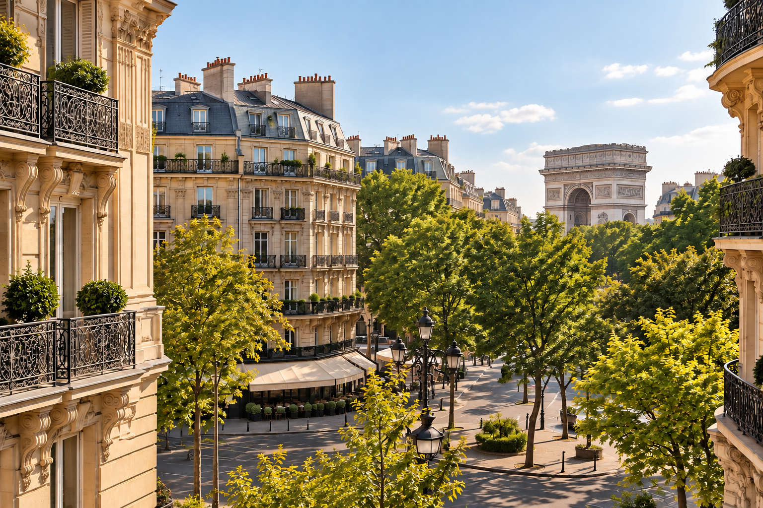 A city street in Paris with Haussmann-style buildings and the Arc de Triomphe in the background, lined with green trees, street lamps, and outdoor cafe seating.
