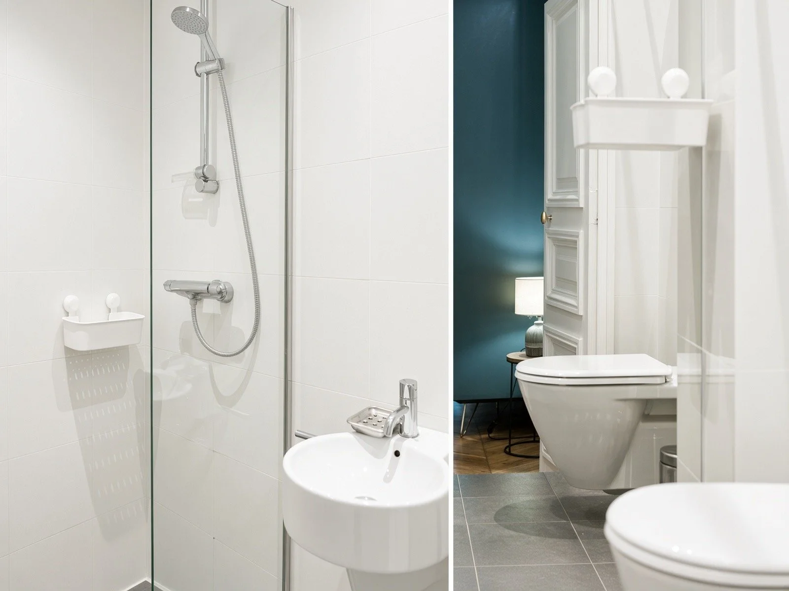 A bathroom with a walk-in shower area on the left and a toilet with a decorative cabinet on the right, with a blue wall and a lamp visible in the background.