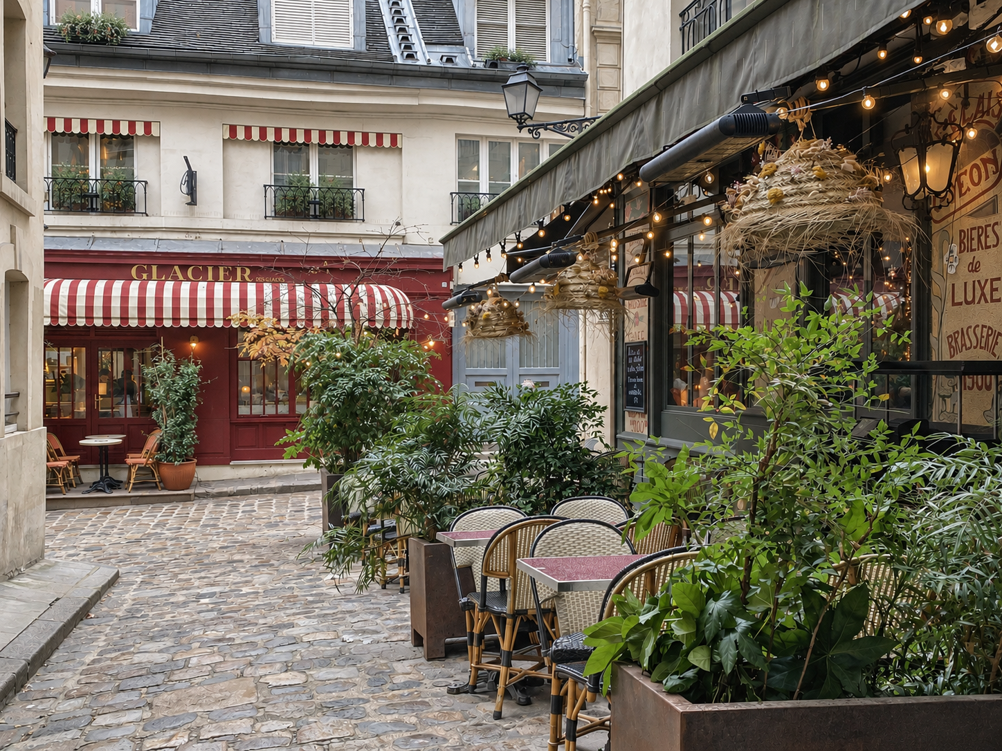 Outdoor cafe with tables and chairs, surrounded by green plants, located in a European-style courtyard with cobblestone street. A building with a red and white striped awning labeled 'Glacier' is in the background.