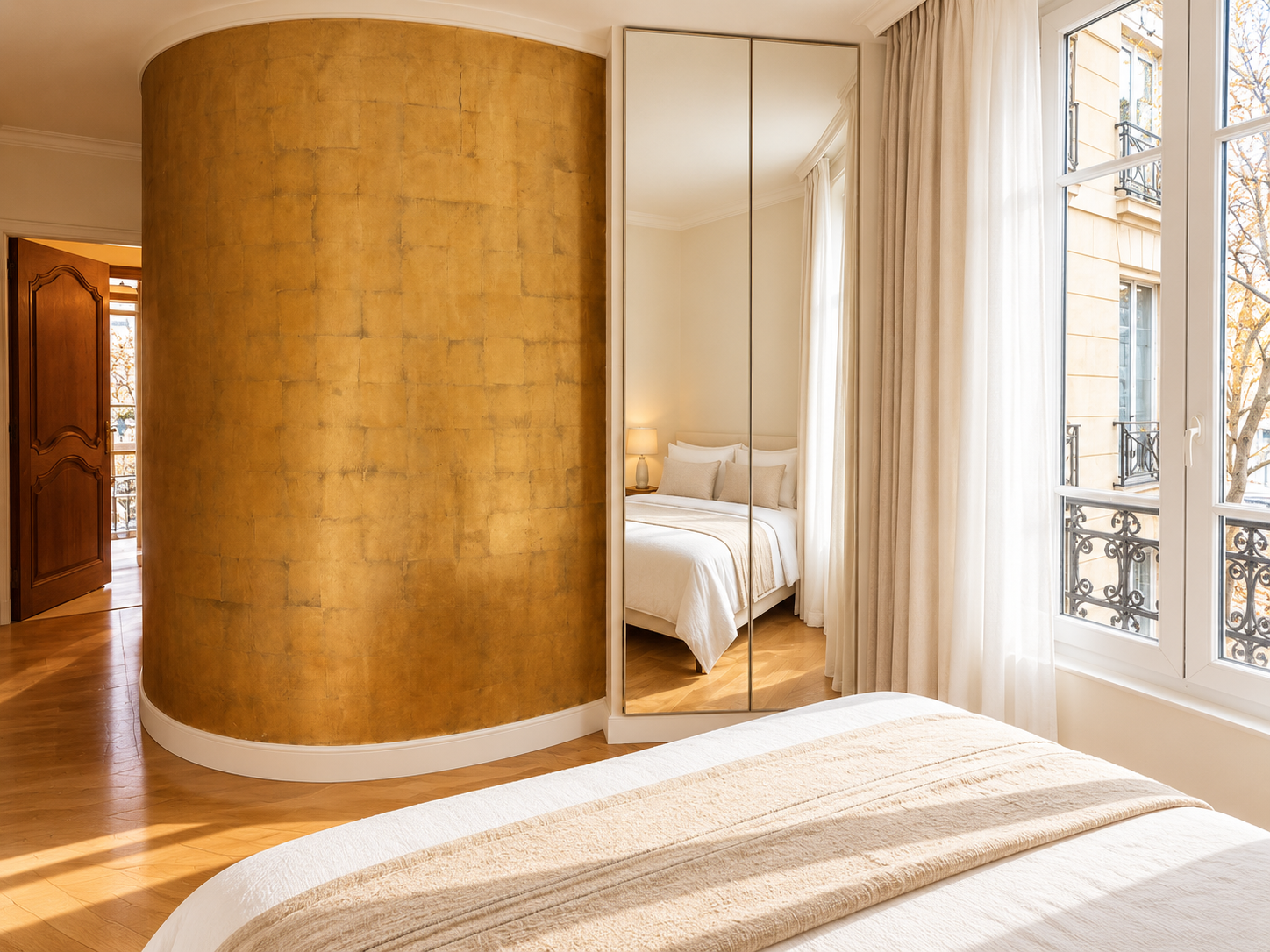 A bedroom with a bed, mirror closet, large windows with curtains, hardwood floor, and a yellow wall.