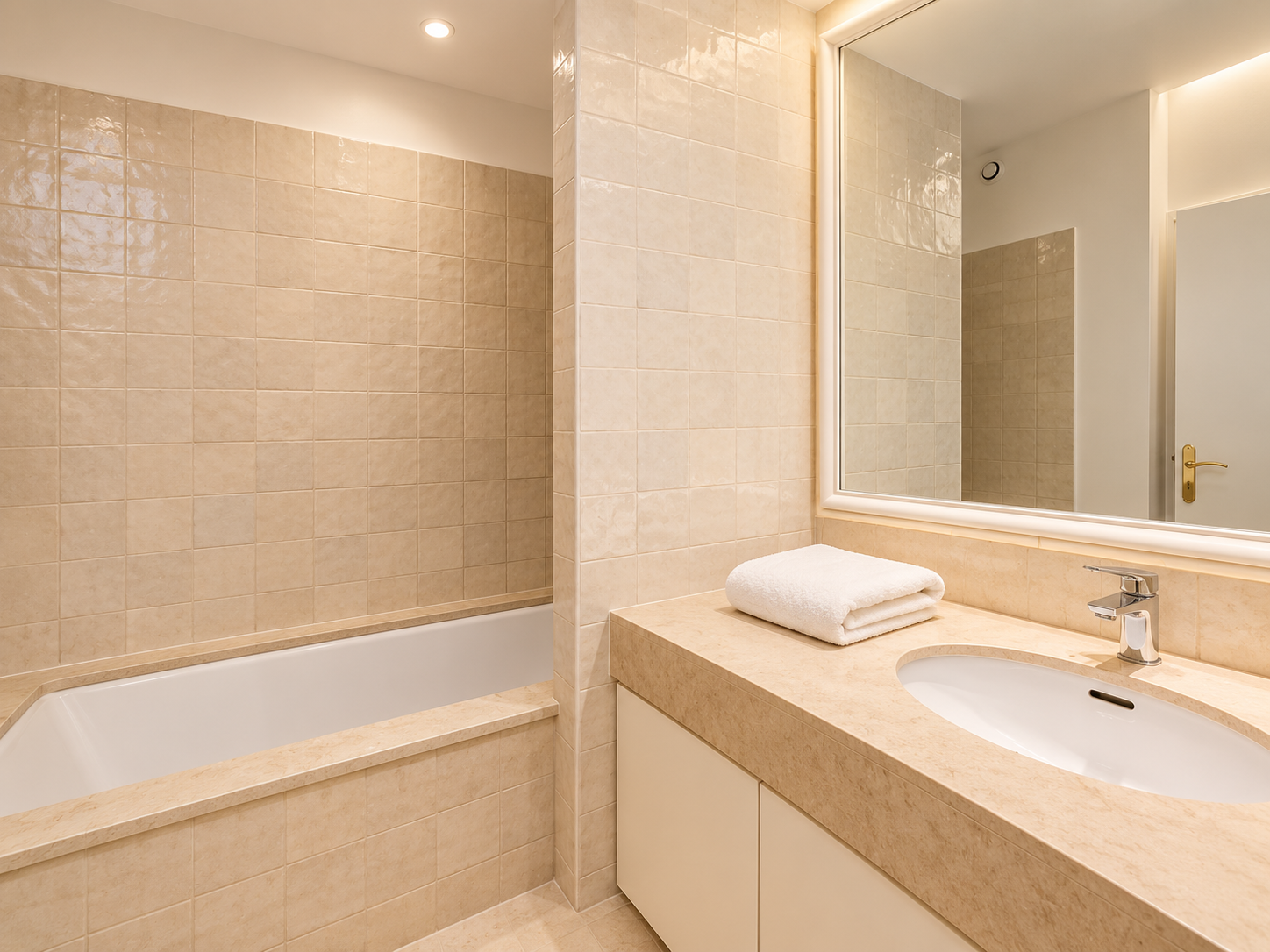 Bathroom with a bathtub, a sink with a folded towel on the countertop, a large mirror, beige tiled walls, and a door with a gold handle.