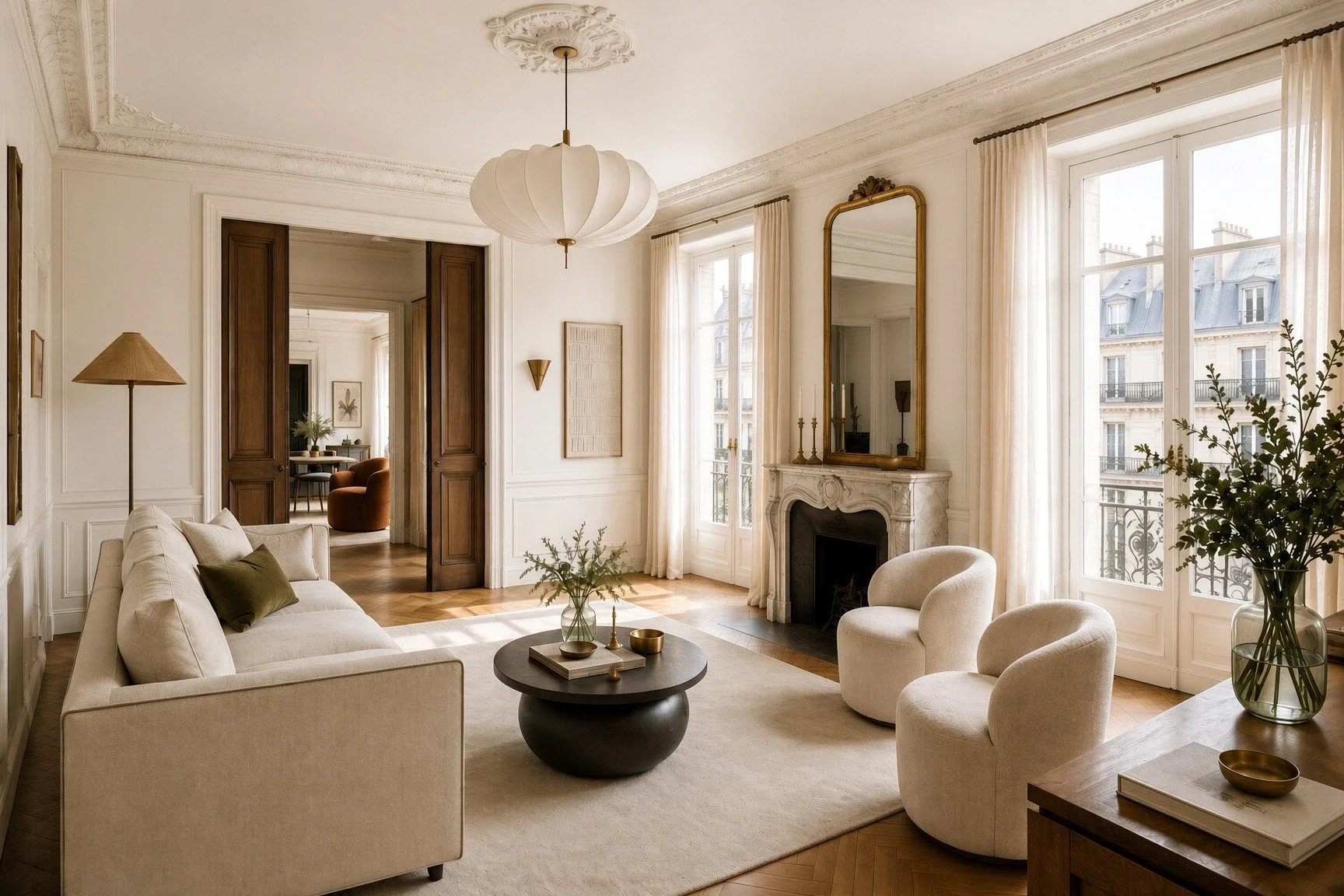 Bright living room with cream-colored sofa, two white armchairs, a black round coffee table, marble fireplace with mirror, large windows with cream curtains, and wooden parquet flooring.