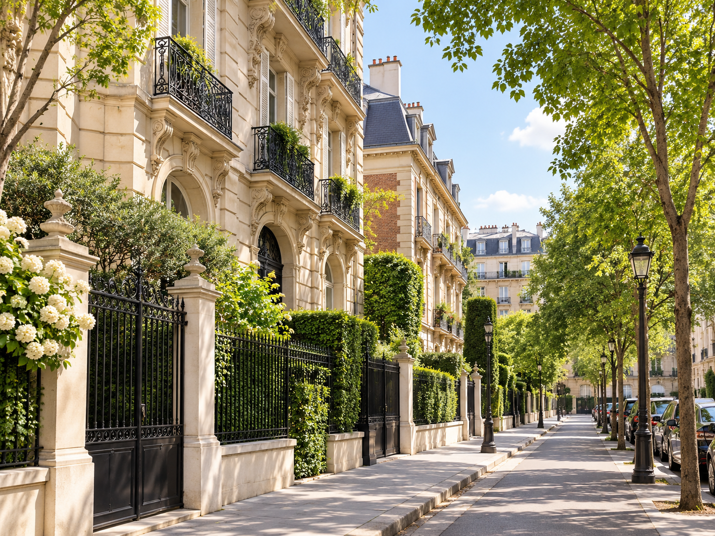A tree-lined street with classic European-style apartment buildings, black wrought iron balconies, and lush greenery in a sunny, urban neighborhood.