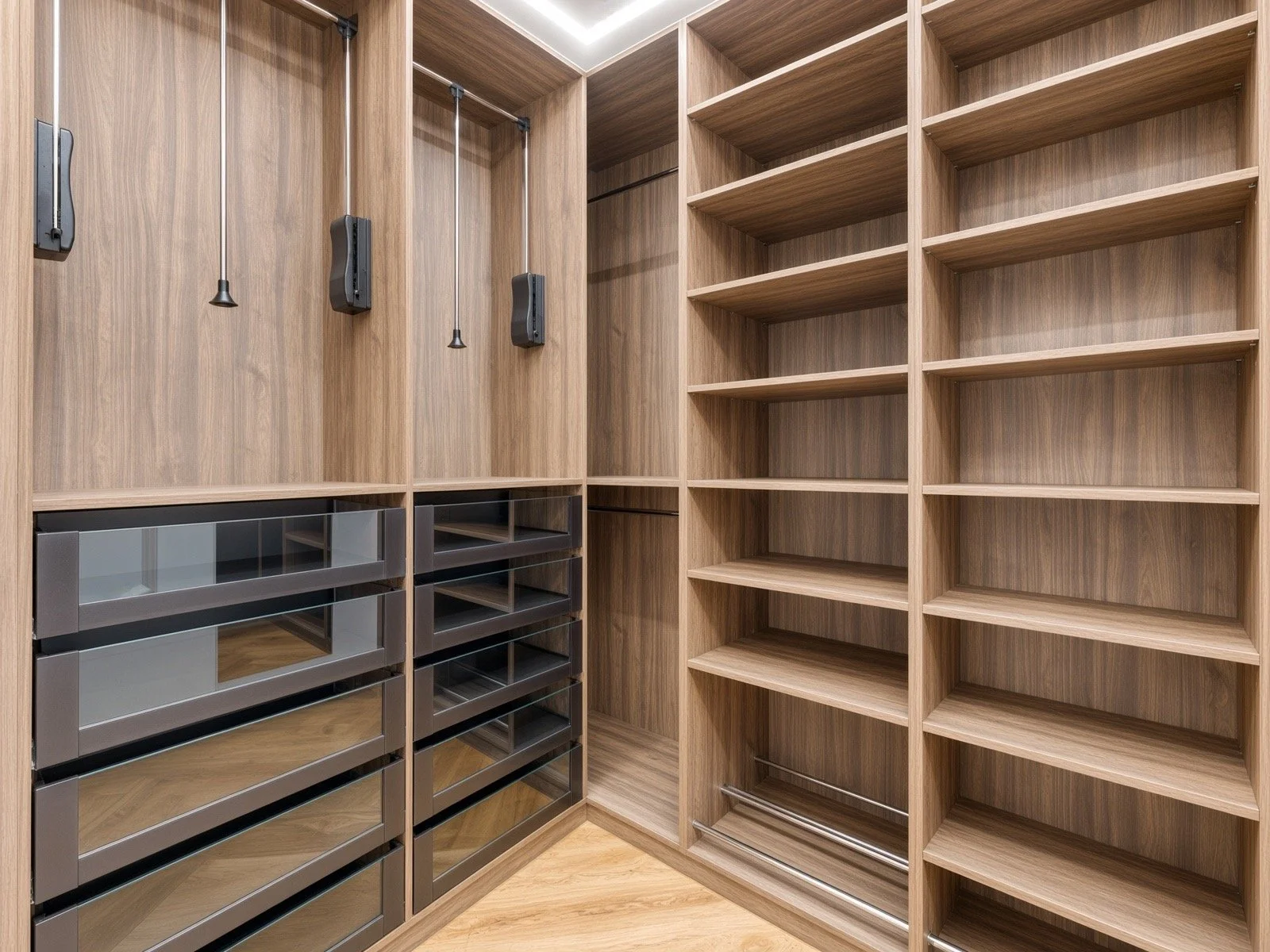 Empty wooden closet with shelves, drawers, and hanging rods, some with black hardware and clear plastic drawers.