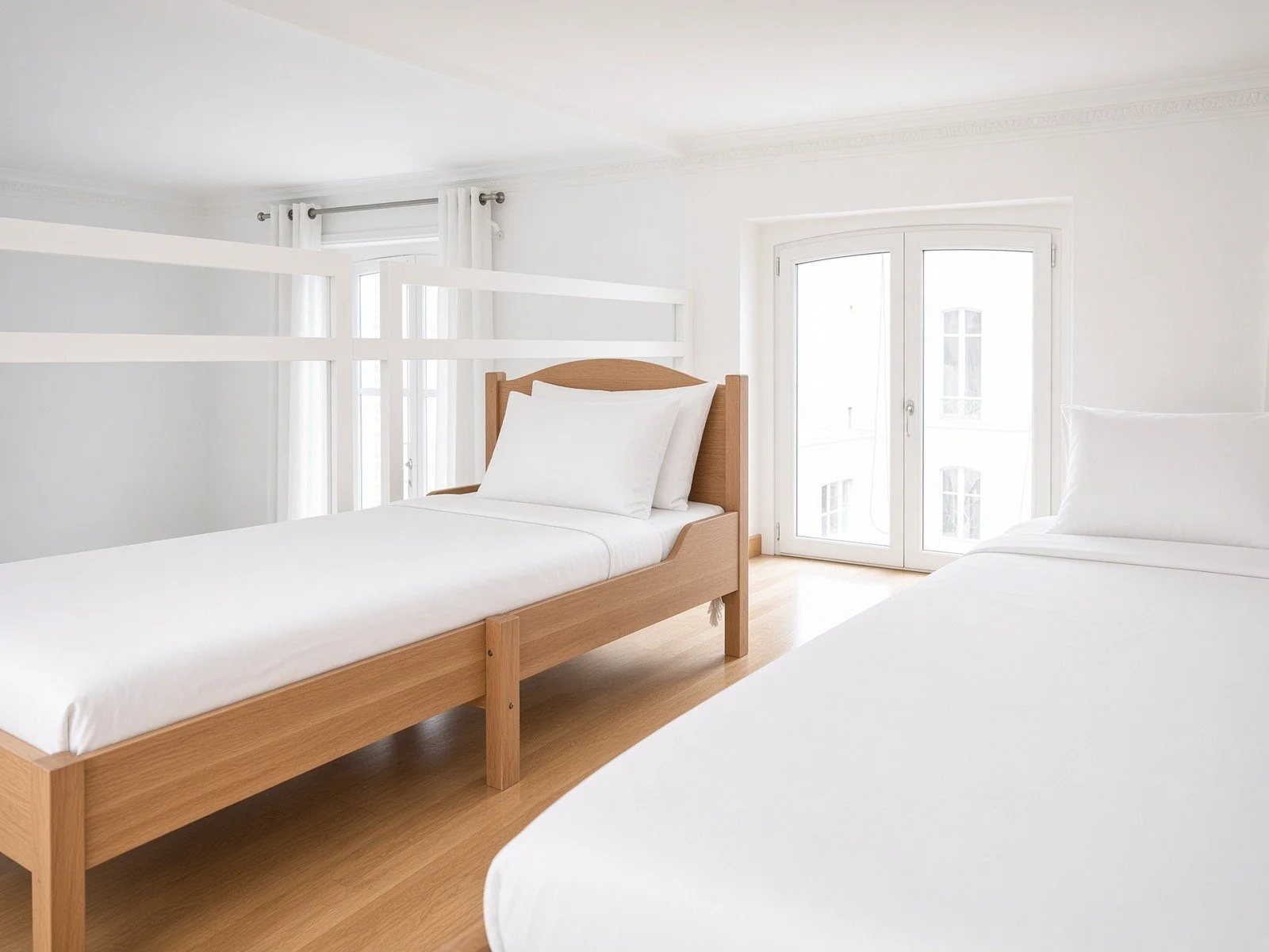 A bright, minimalist bedroom with two white beds, a skylight window, and a double door with glass panes leading outside. The room features white walls, light wood flooring, and curtains.
